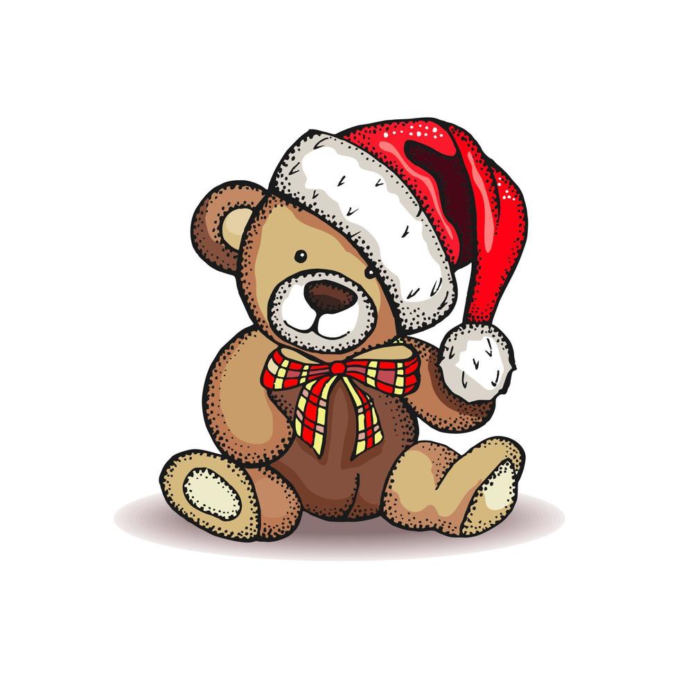 Merry Christmas hand drawn card. Isolated on a white background. Teddy bear in Christmas cap. vector