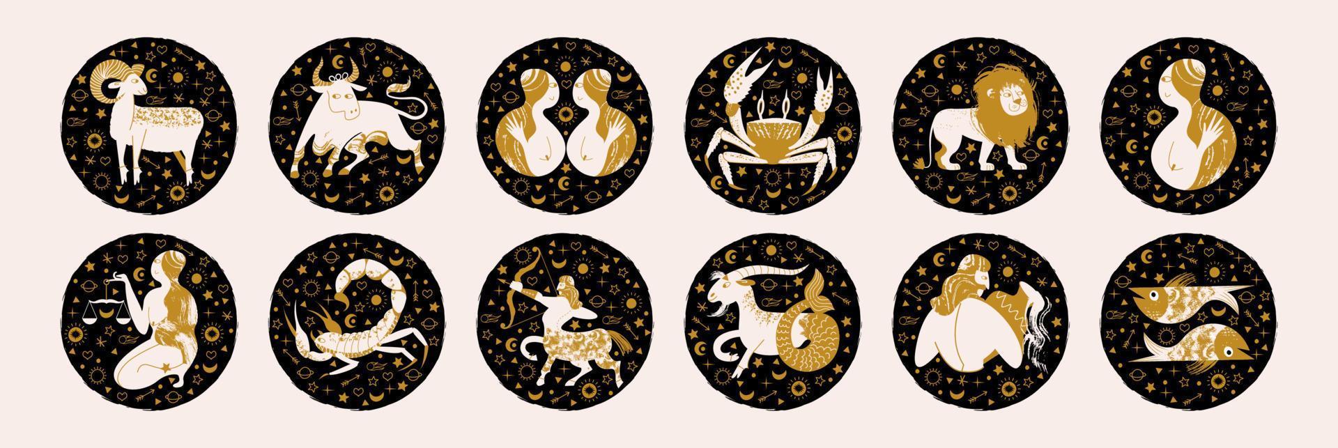 Zodiac sign. Vector emblems in a black circle. Zodiac signs Aries, Taurus, Gemini, Cancer, Leo, Virgo, Libra, Scorpio, Sagittarius, Capricorn, Aquarius, Pisces.
