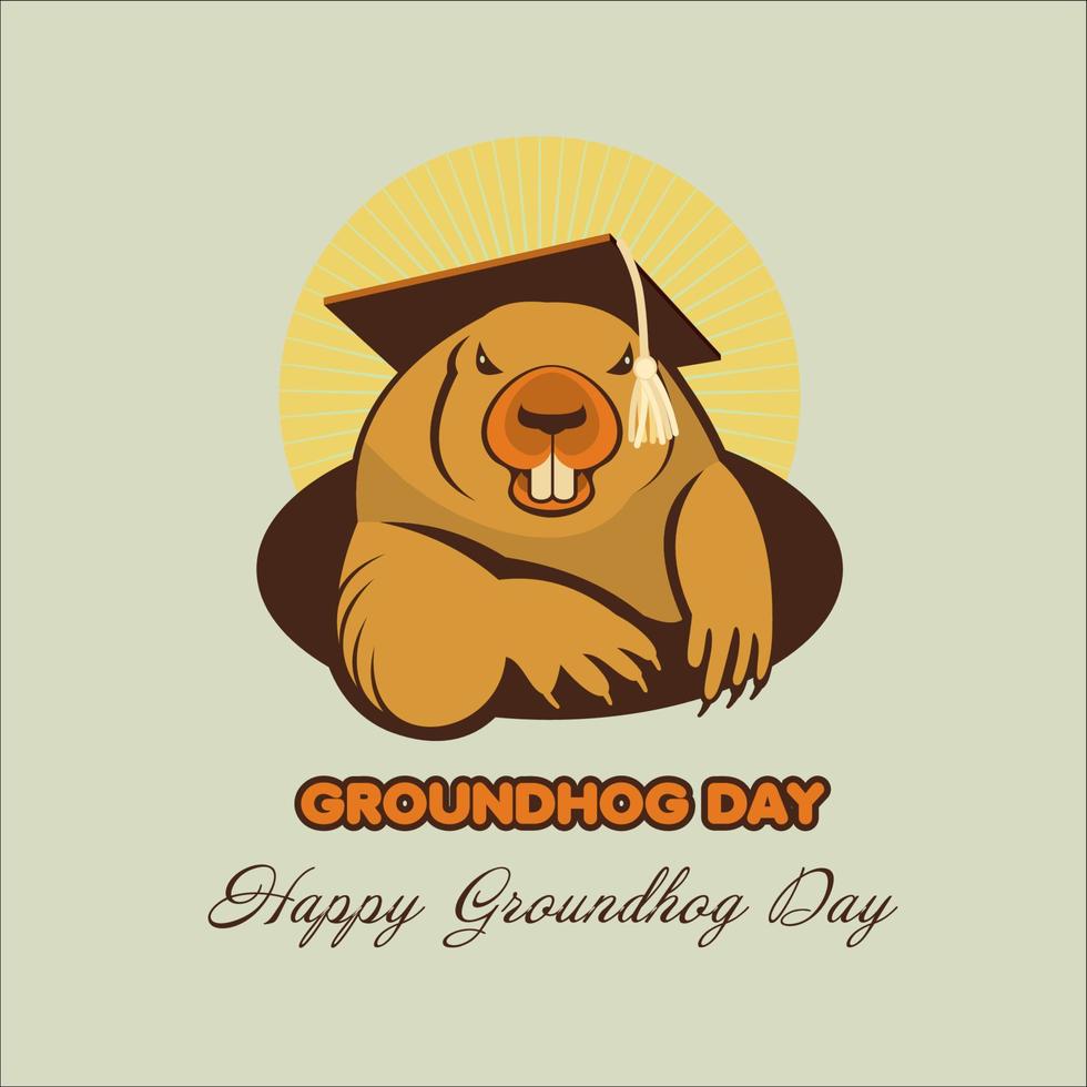 Groundhog Day. Vector illustration. Marmot in an academic cap climbed out of the hole.