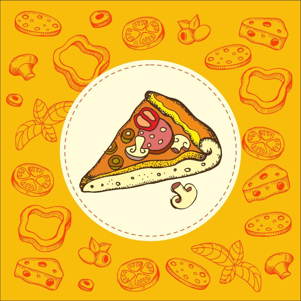 Pizza. pizza dibujada. Ilustración de vector dibujado a mano.