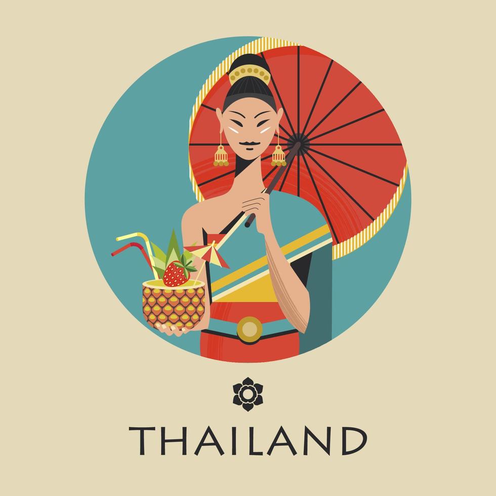 Thai beautiful girl in national Thai dress with pineapple cocktail in hand. Vector illustration.