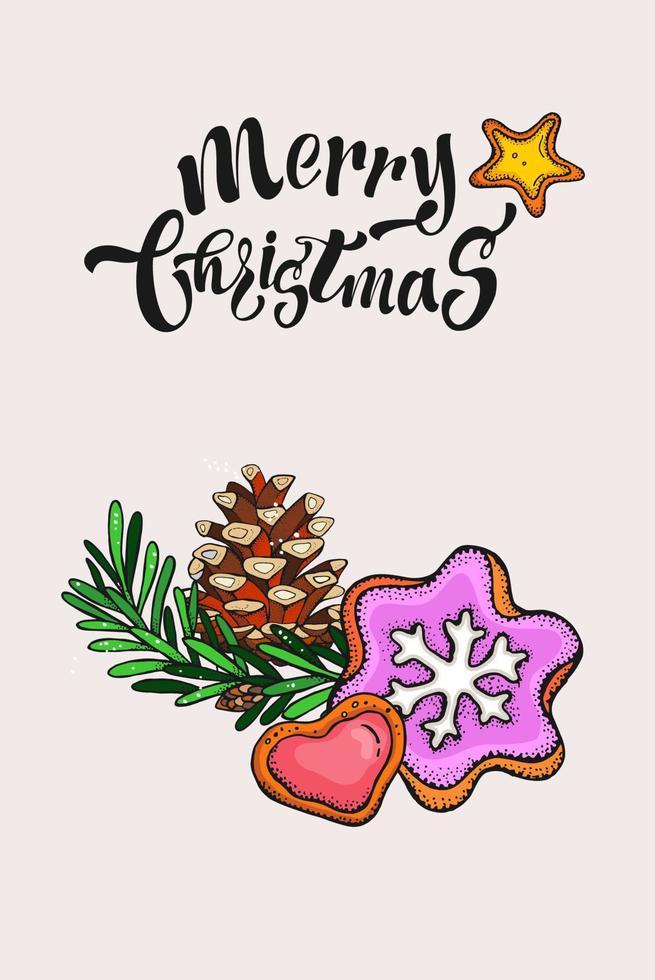 feliz navidad tarjeta dibujada a mano. Aislado en un fondo blanco. rama de abeto, cono de abeto y galletas navideñas. vector