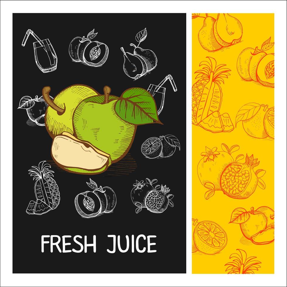 Apple juice. Fruit. Vector illustration. Fruit drawn in chalk on a black Board. Hand drawn vector illustration.