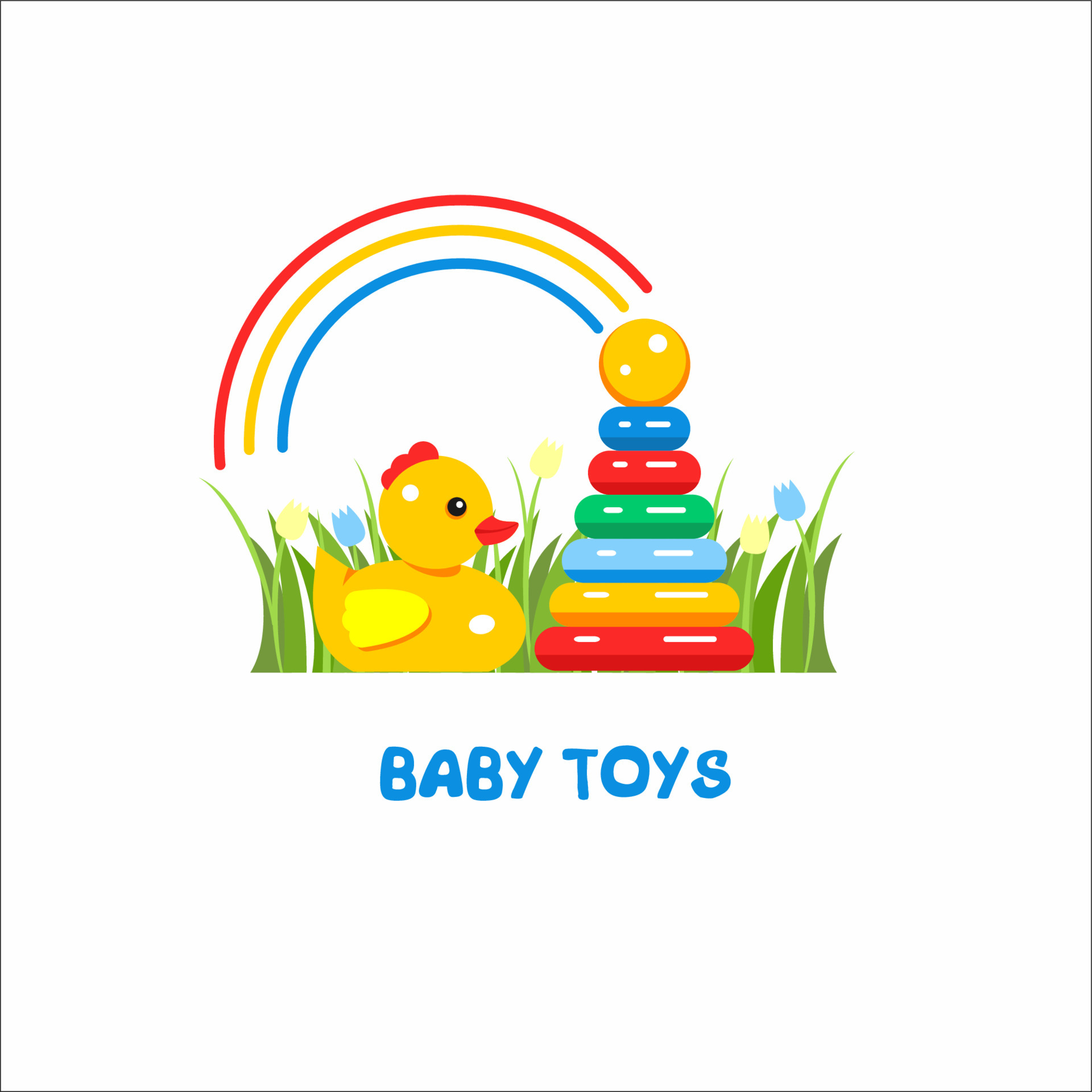 Toys kids. Vector sign, the logo for the toy store. Pyramid, ducky and the rainbow on the grass