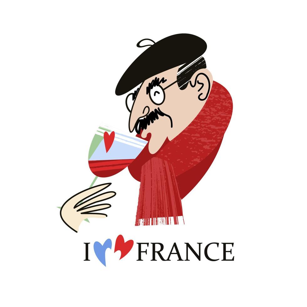 Frenchman drinks wine. Vintage hand drawn postcard, vector illustration.