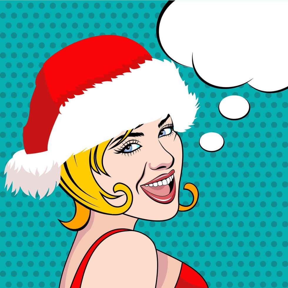Girl in a Christmas hat in the style of a comic book. vector