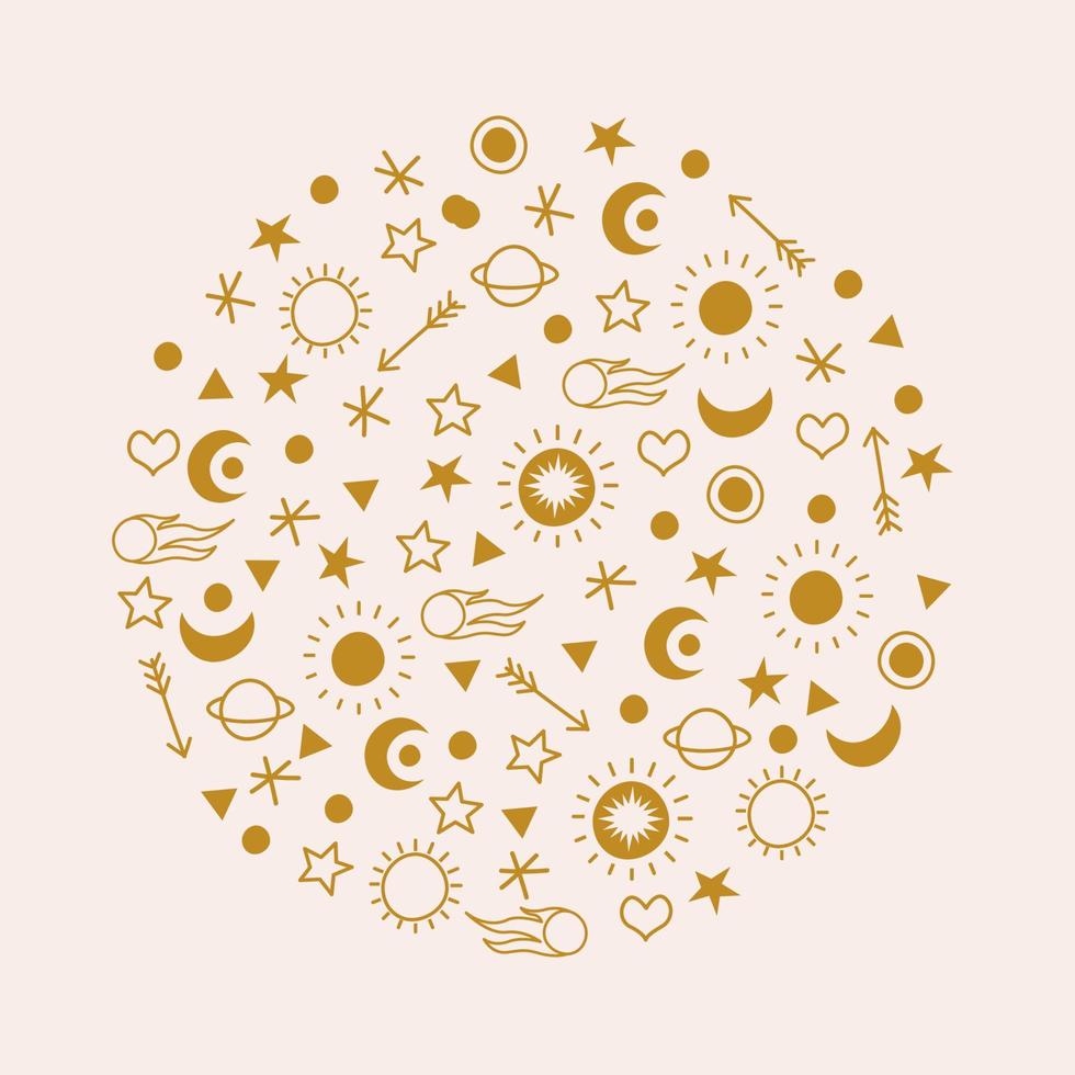 estrellas doradas, planetas, cometas, el sol sobre un fondo claro. icono redondo. ilustración vectorial en un estilo plano. vector