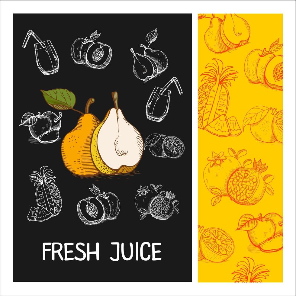 Hrushiv juice. Fruit. Vector illustration. Fruit drawn in chalk on a black Board. Hand drawn vector illustration.