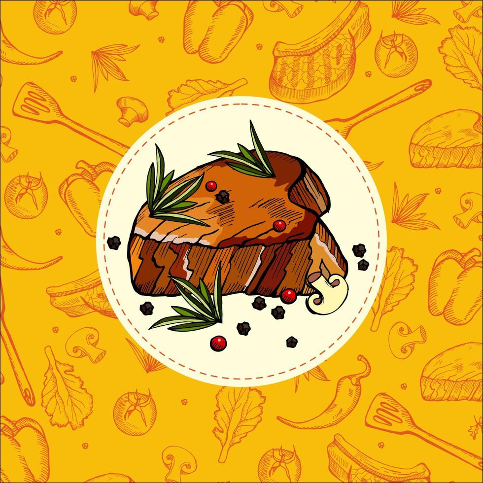 filete. se dibuja el bistec. parrilla. Ilustración de vector dibujado a mano.