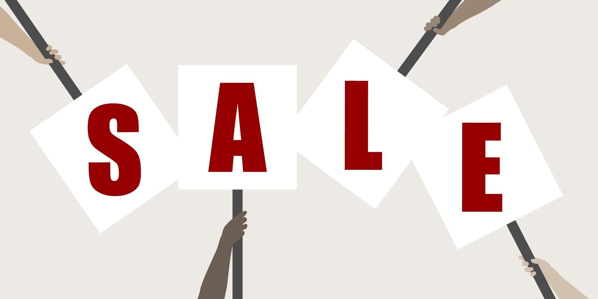 Sale banner. Silhouettes of human hands with different skin color holding protest signs with letters SALE. Vector illustration in flat style.