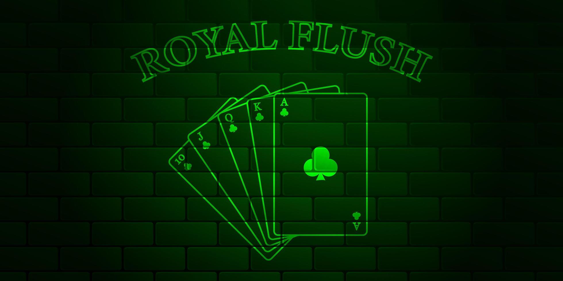 Dark green brick wall with glowing text Poker and royal flush of the suit of clubs. Vector illustration.