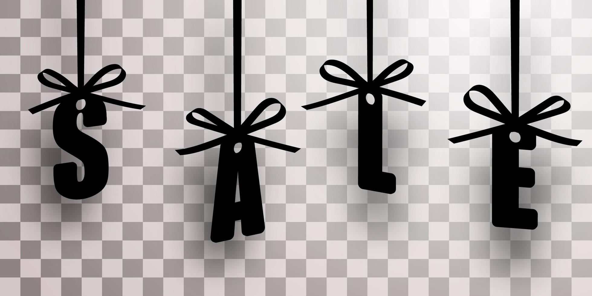 Black silhouettes of hanging letters SALE with bows. Vector illustration