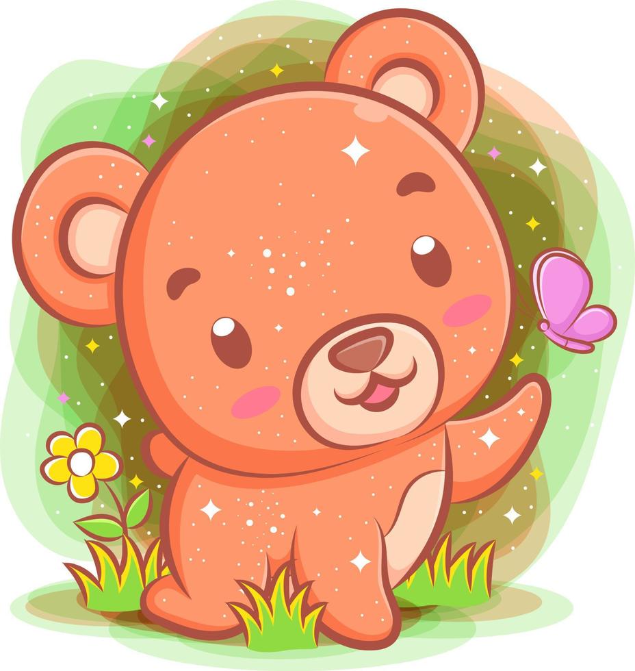 Baby bear playing at the park with butterfly vector