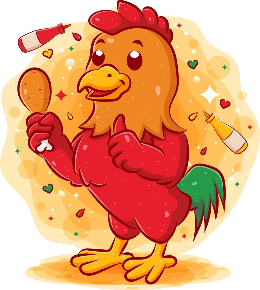 Red rooster holding fried chicken and giving thumbs up vector