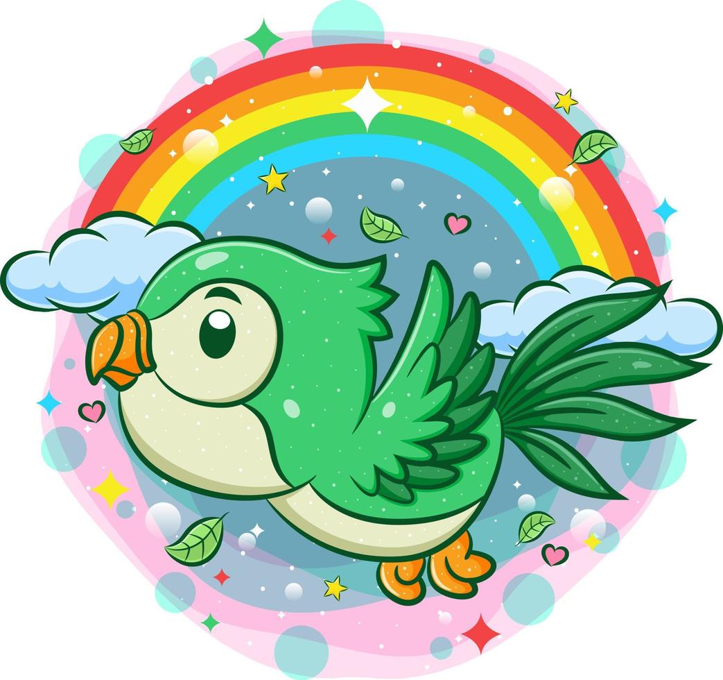 Cute green bird flying with rainbow background vector