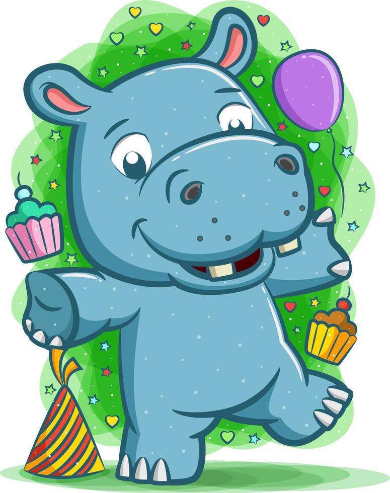 Happy hippopotamus celebrate the party with the balloon and cake vector