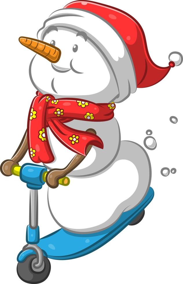 The mr snowman with the carrot nose playing the little blue scooter vector