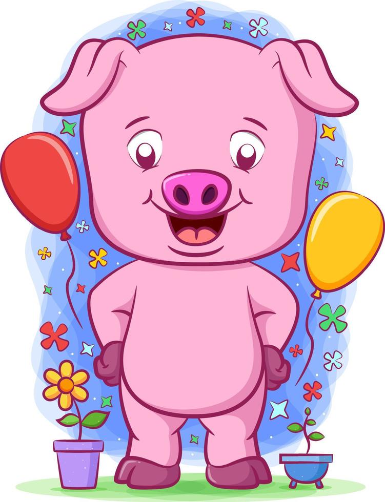 The baby pink pig standing near two balloons vector