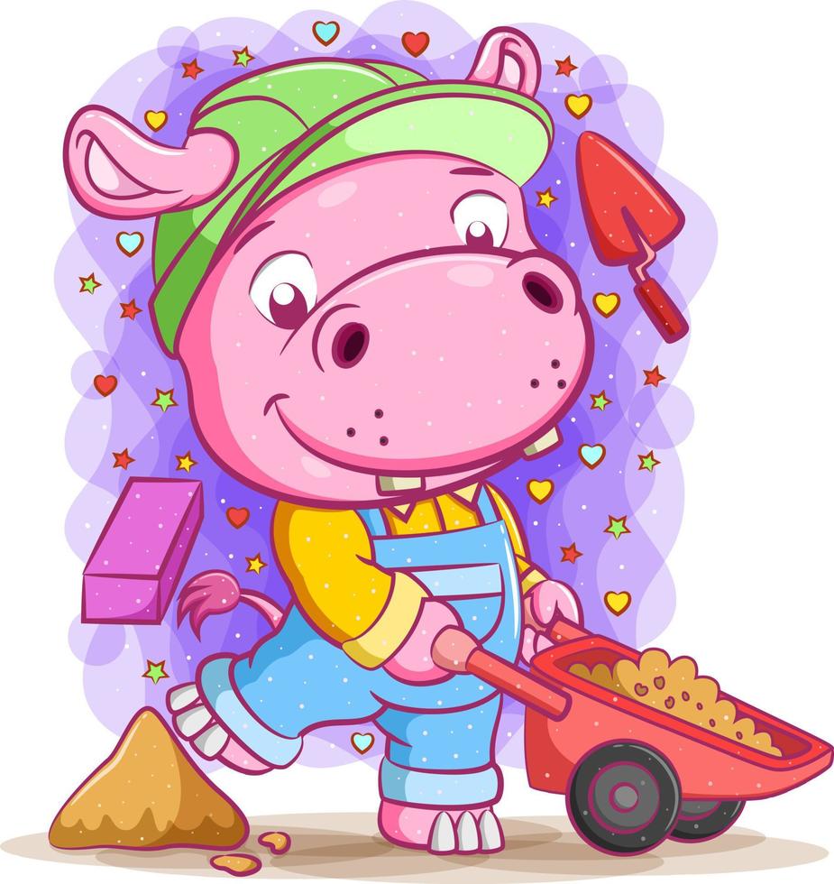 The builder hippopotamus pull the sand on the wheelbarrow vector