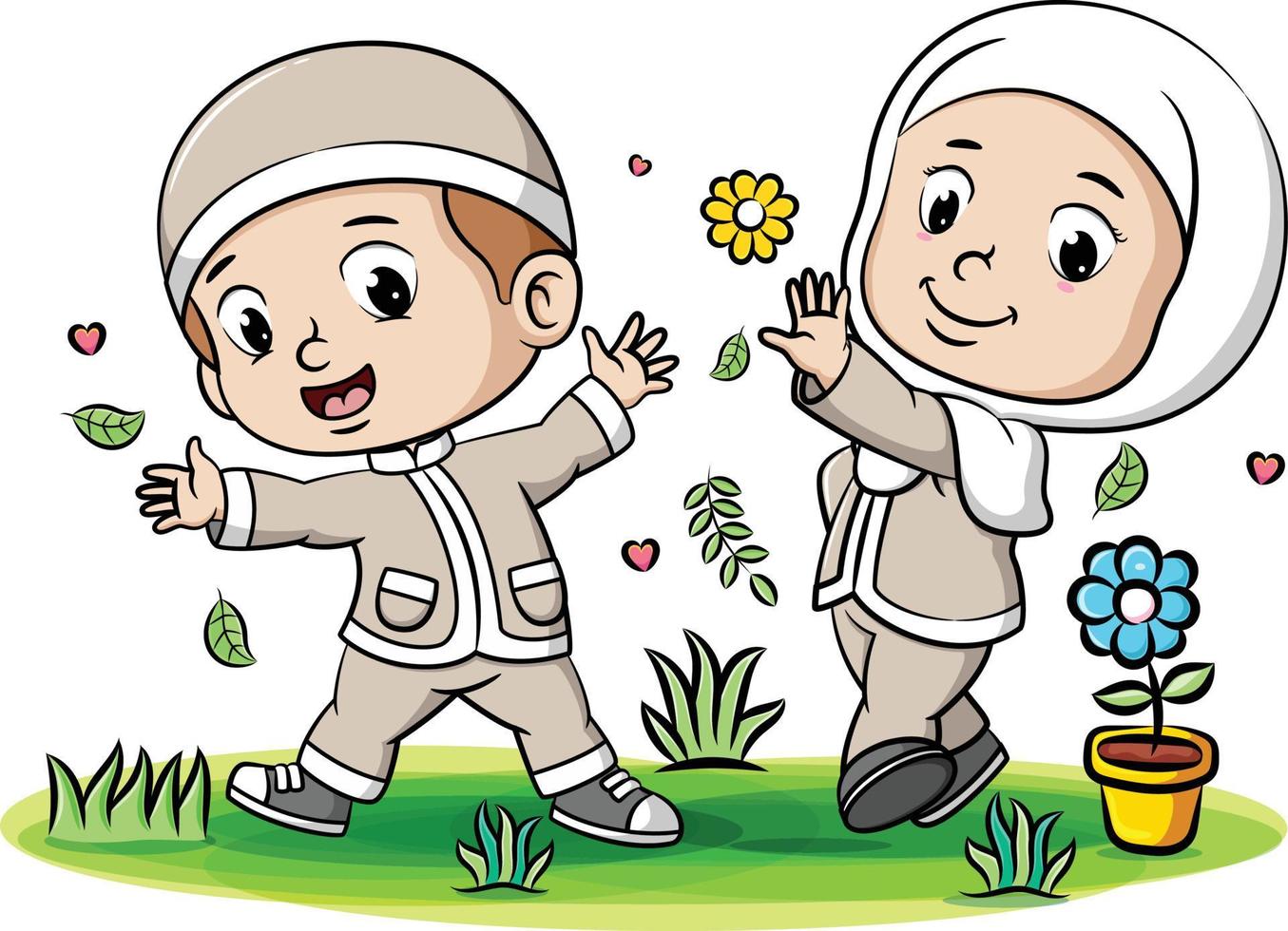 The moslem children are playing together with the flowers and leaves in the garden vector
