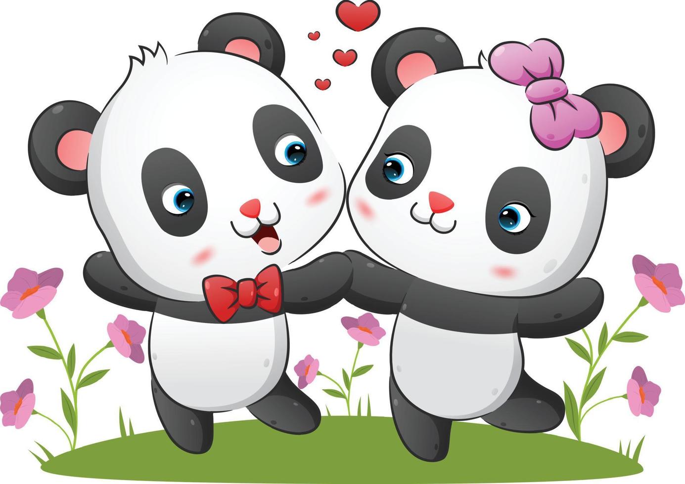 The couple of the kawaii panda are dancing together with the happy expression in the park vector