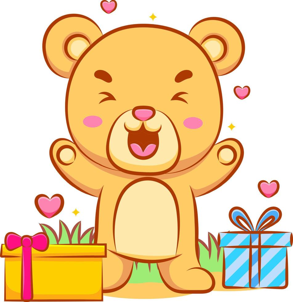 lindo bebé oso sintiéndose feliz con regalos vector