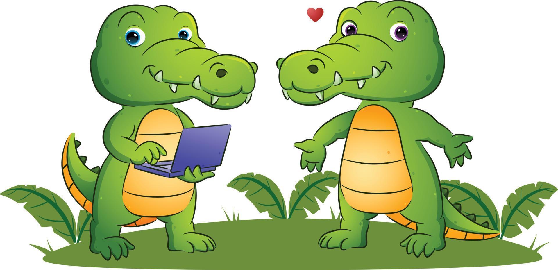 la pareja del cocodrilo inteligente sostiene la nueva computadora portátil en el jardín vector