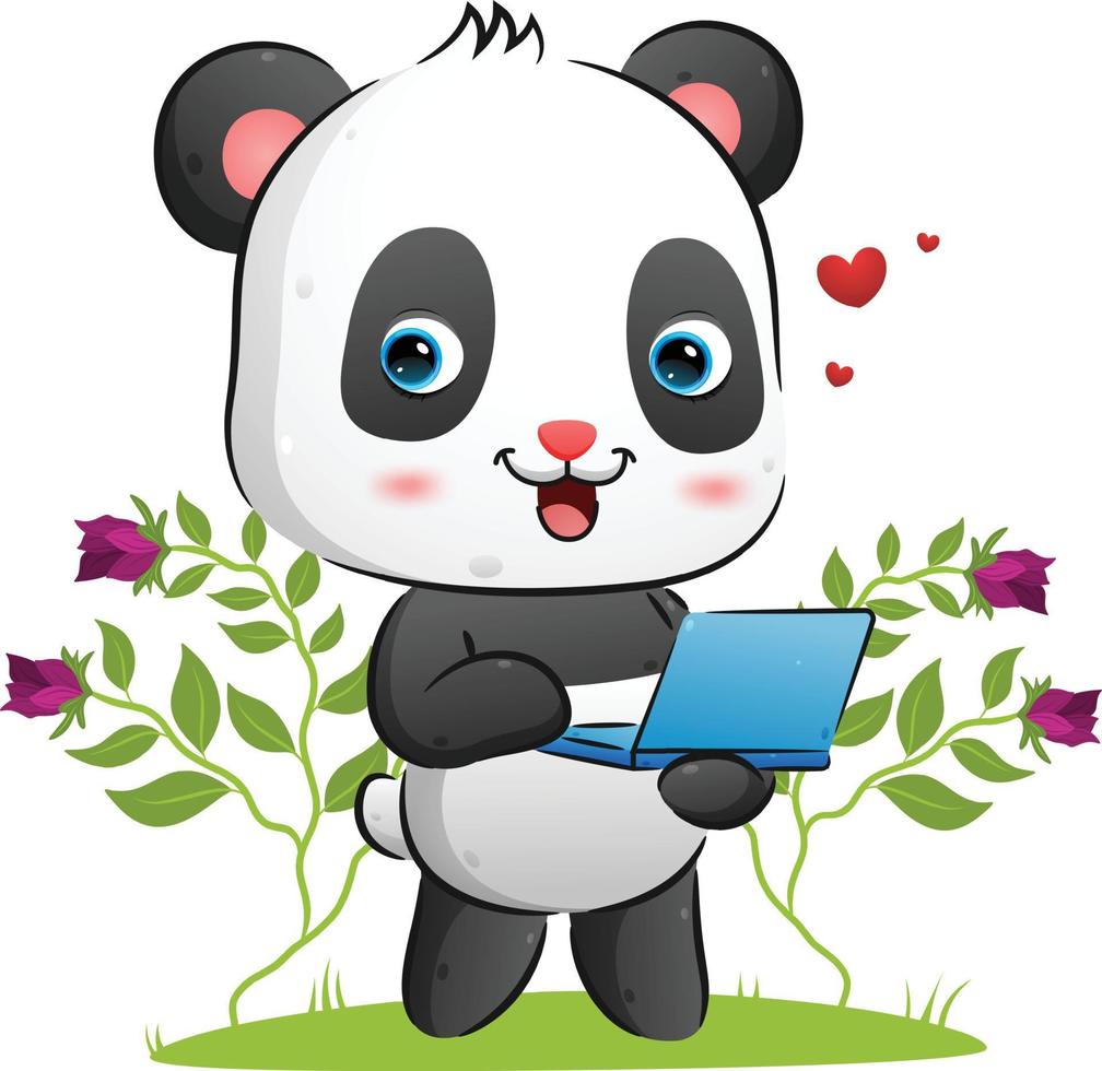 The cute panda is holding a laptop to present something in the garden vector