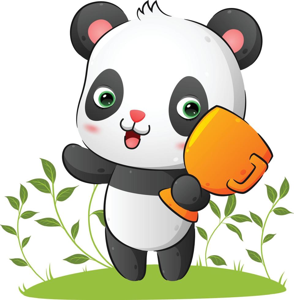 The cute happy panda is holding a golden trophy in the garden vector