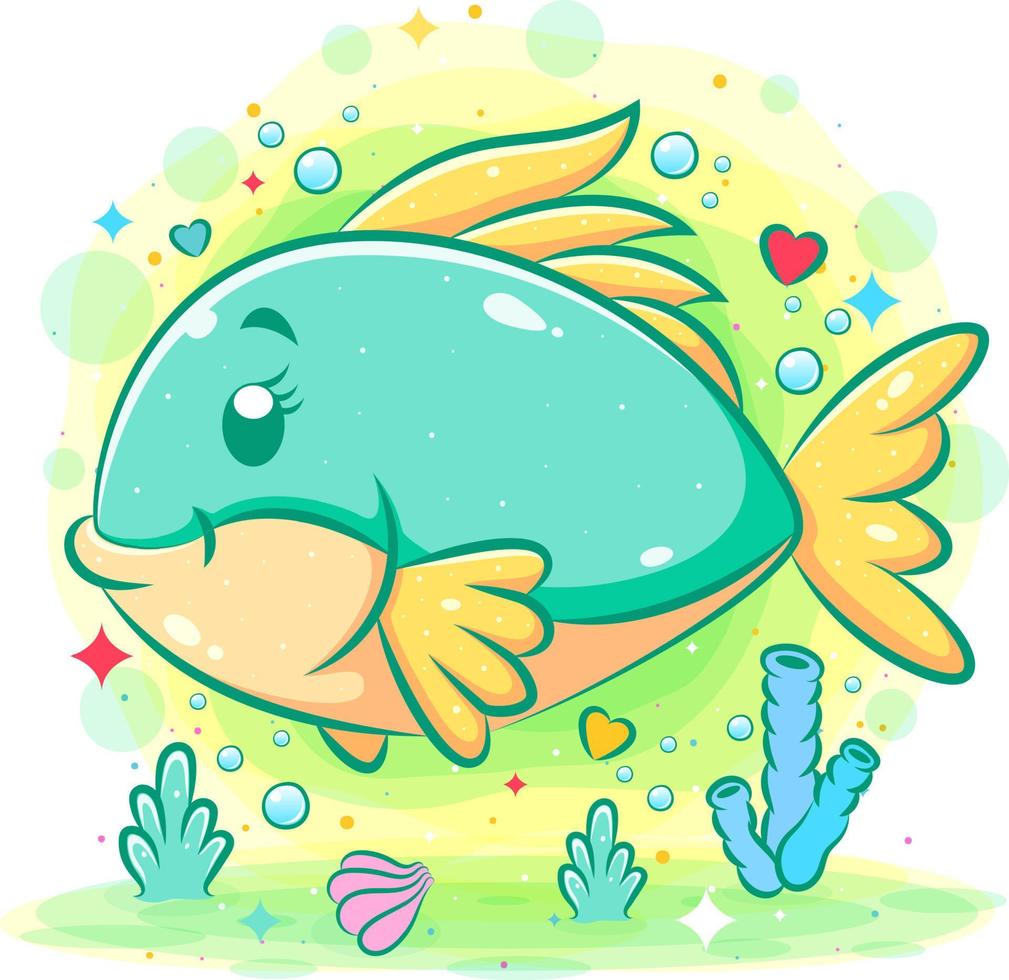 The green cute fish swims under the sea vector