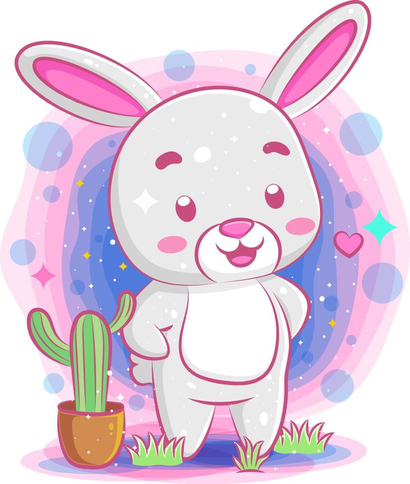 Funny rabbit playing and cactuses in pots vector