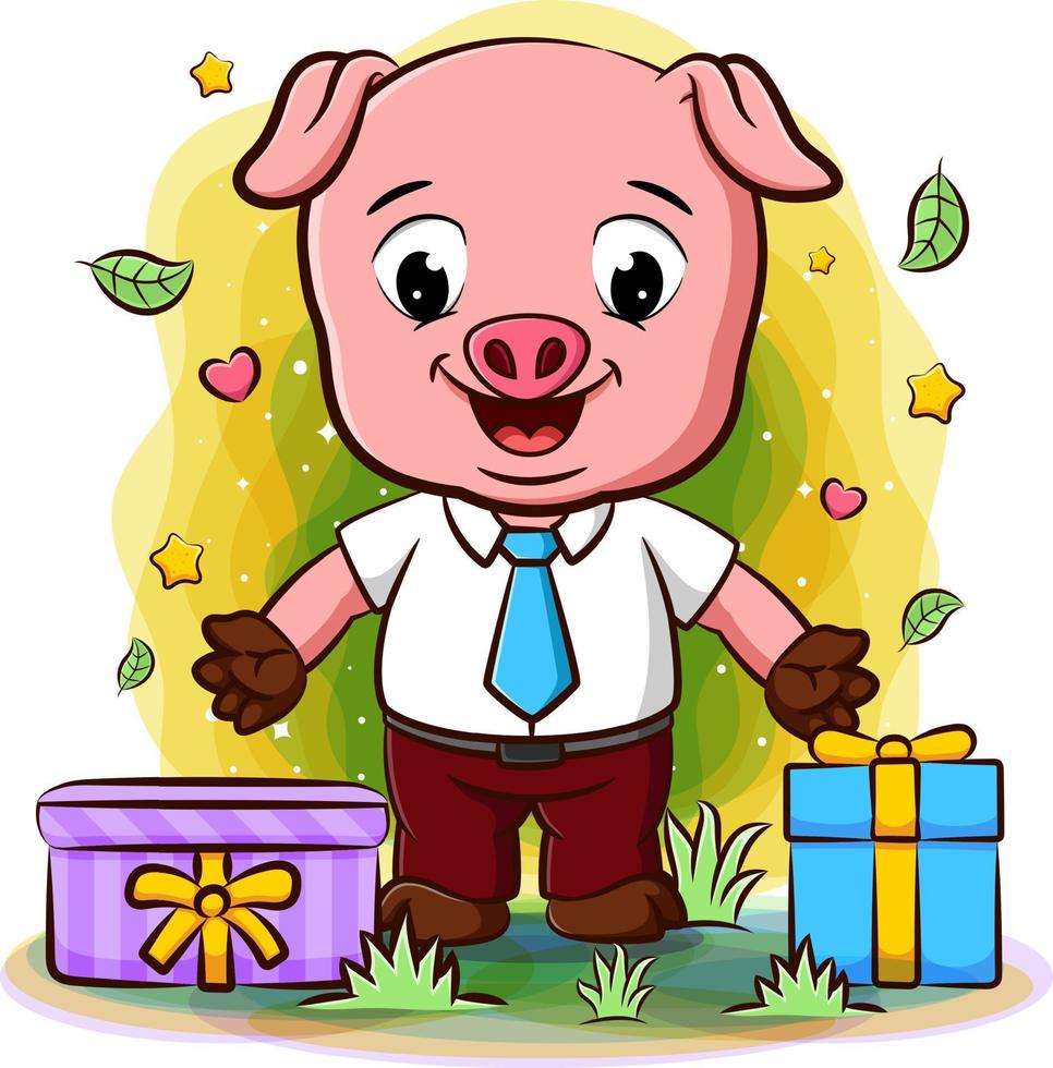 A pig dressed as businessman stand with many gifts vector