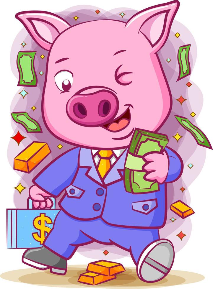 el cerdo con un montón de dinero en la mano vector