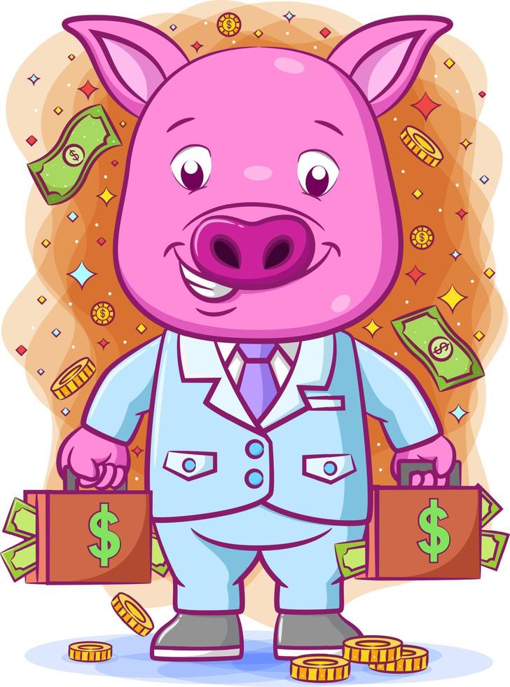 The  pig is holding two big bag of money with the happy face vector