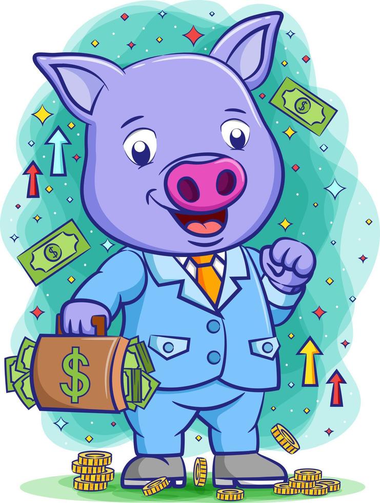 el cerdo jefe feliz sosteniendo la bolsa con un montón de dinero vector