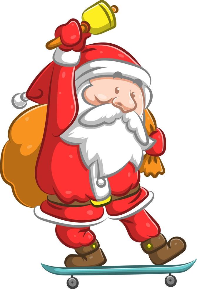 The old Santa Claus standing on the skate board and holding the bell vector