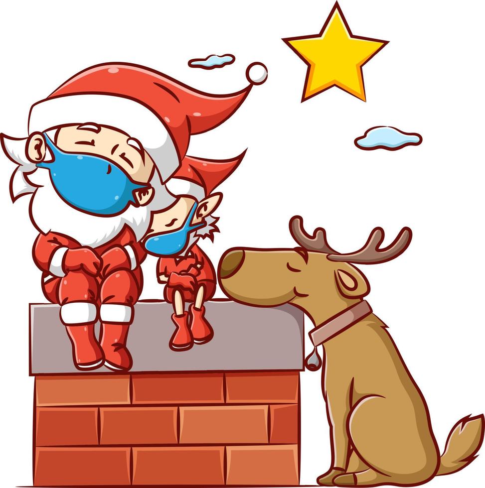 The Santa clause and the elf with big dog using the dear horn are sleeping under the bright star in the sky vector