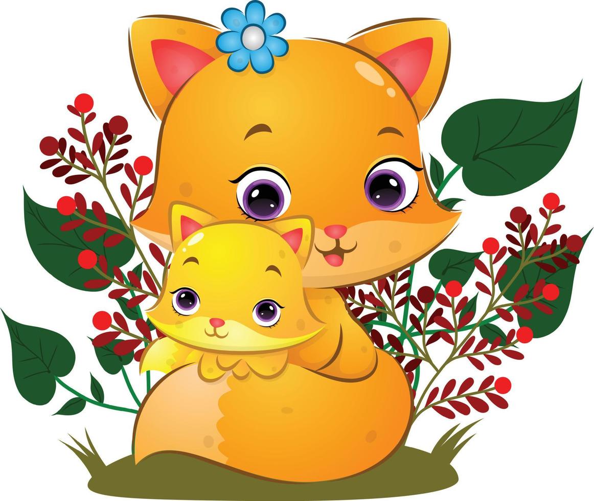 The pretty fox is posing with her baby in the garden with beautiful flowers vector