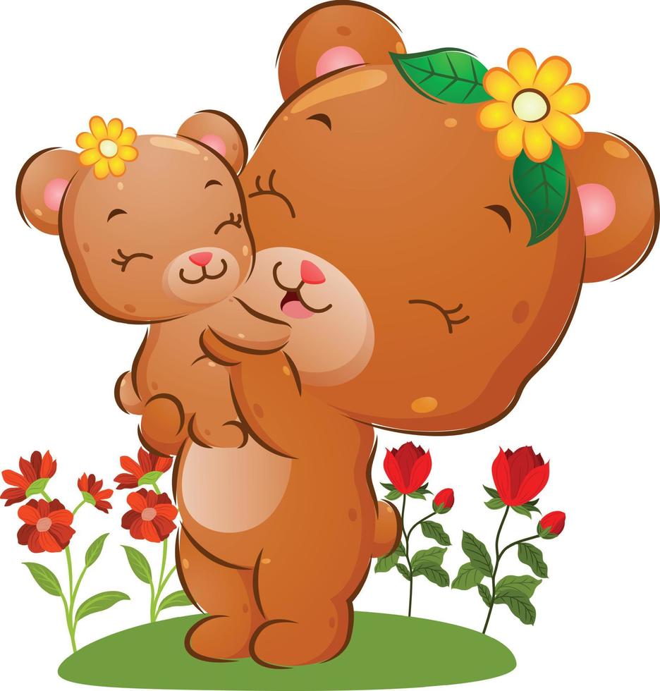 The happy mommy bear is lifting her baby in the flowers garden vector