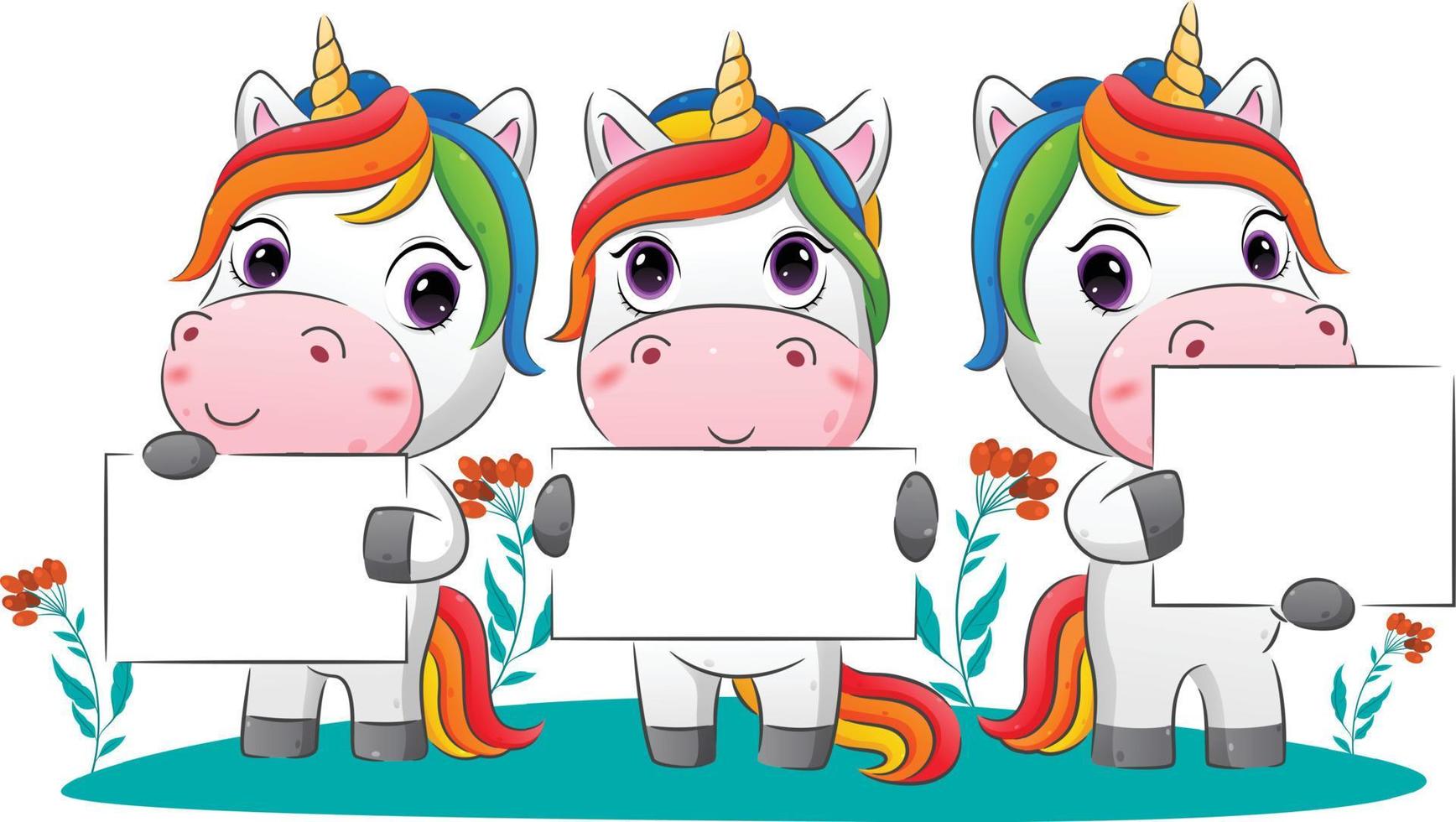 la colección de unicornio sostiene el tablero en blanco con la posición diferente vector