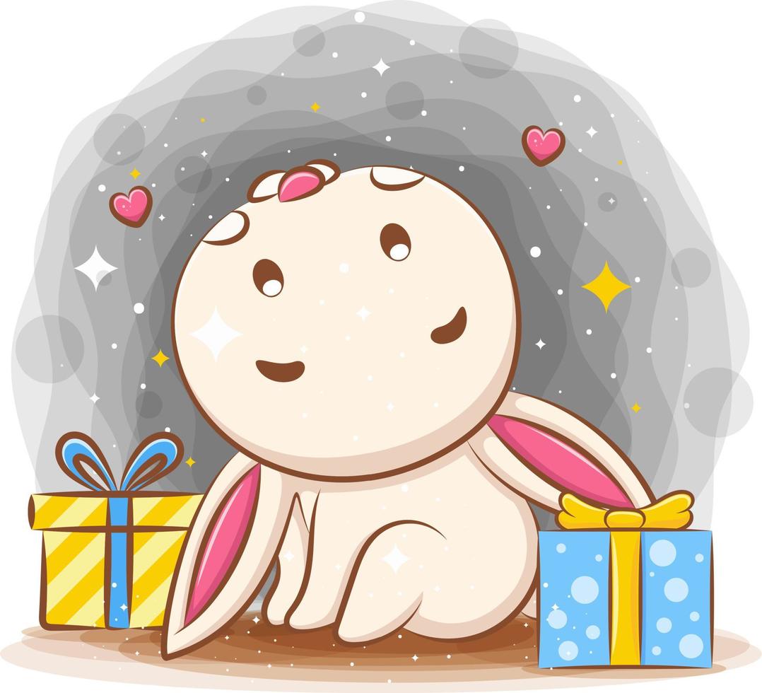 Cute rabbit feeling happy with two gifts vector