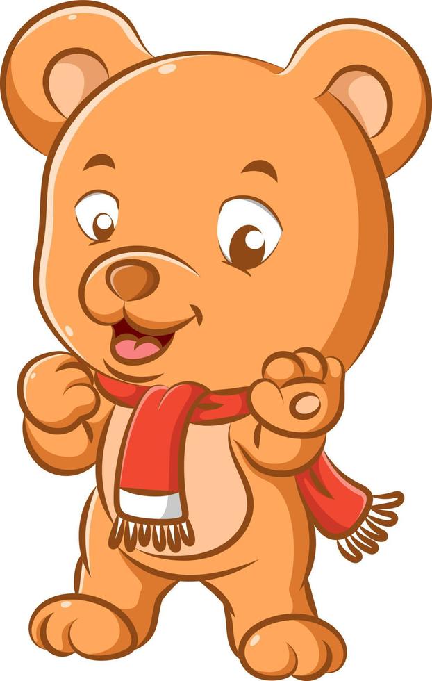 Funny bear with the red shawl is standing with his feet and smiling with his little mouth vector