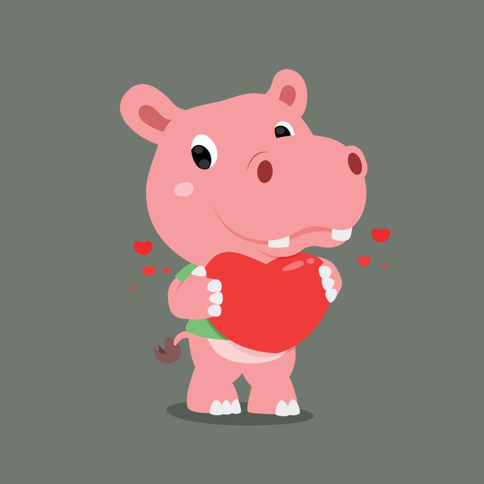 The hippopotamus with the cute face holding the big heart in his hand vector
