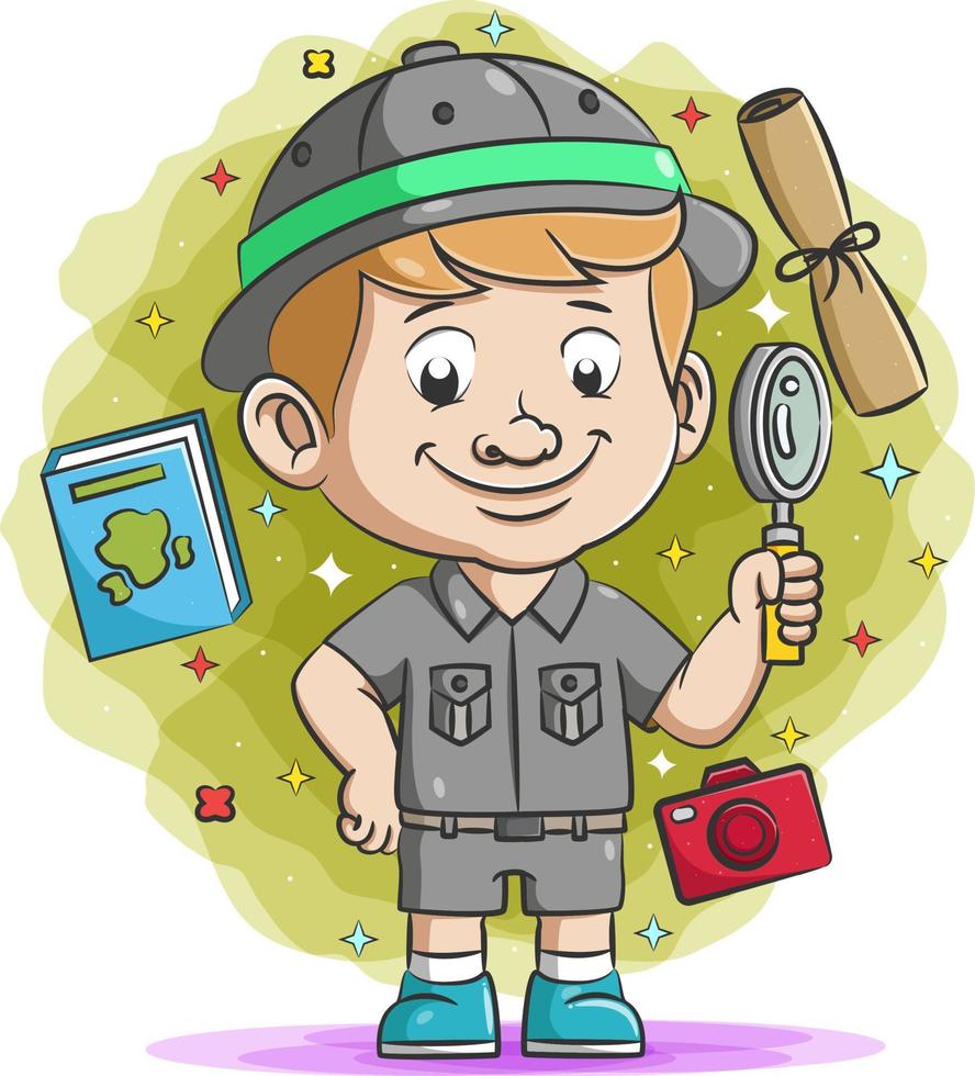 The scoutmaster holding the magnifying glass with the camera and the book around him vector