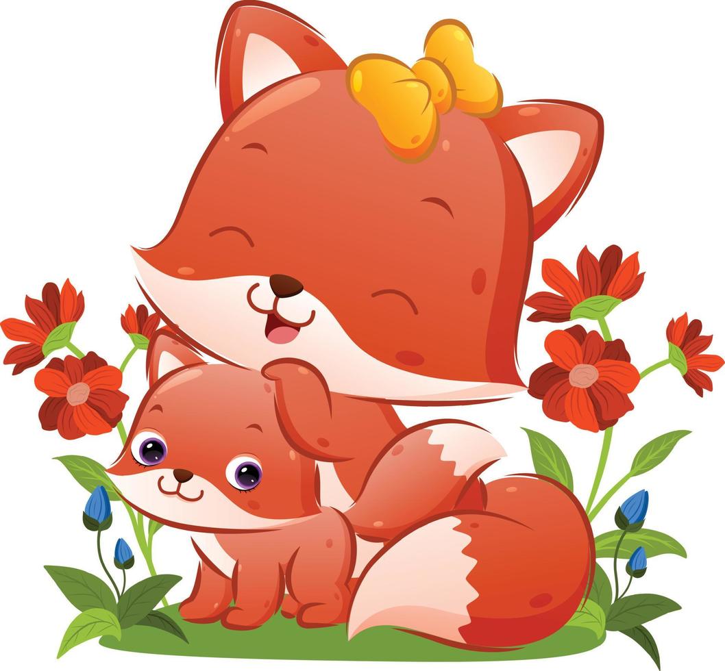 The big fox with the beautiful ribbon is posing with her baby fox in the garden vector