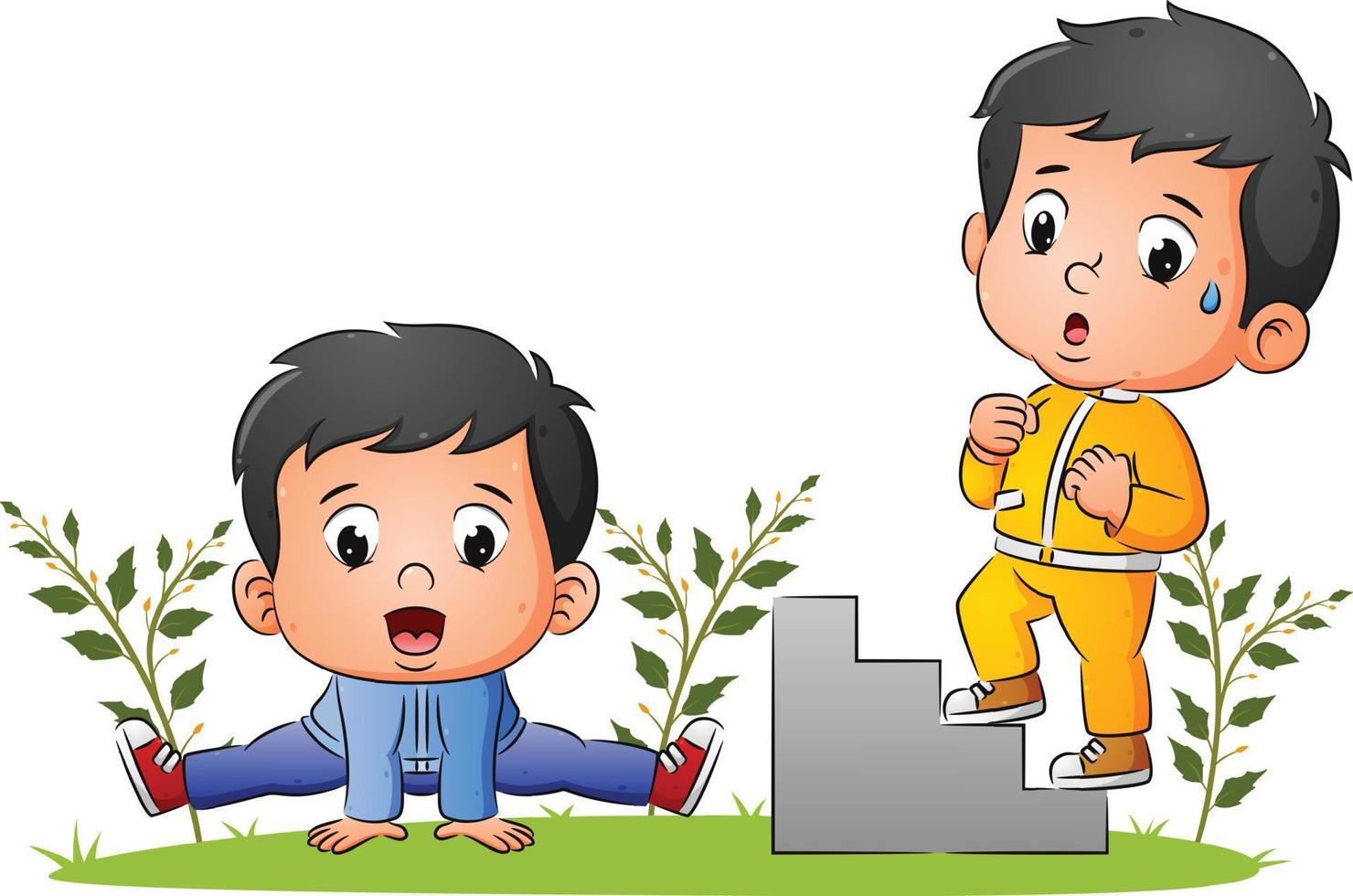 The couple boys are doing gymnastic and running in the stairs in the garden vector