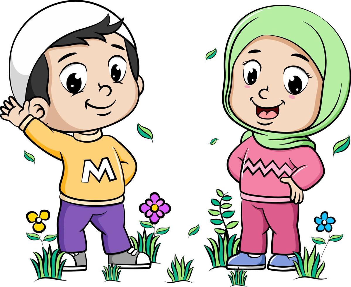 Happy Two Muslim Kids with hello posing vector