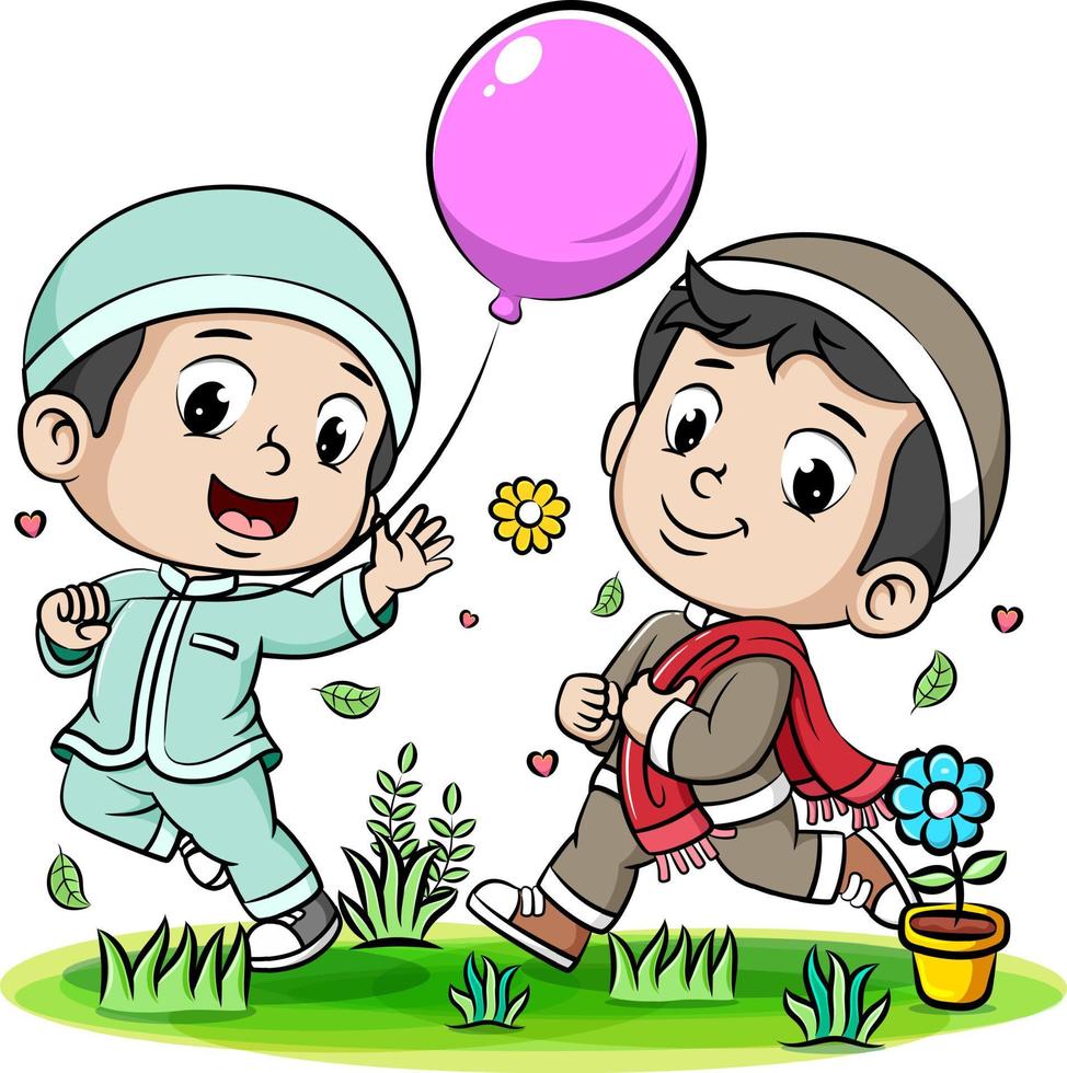 Happy Two boy Muslim running in the park and holding balloon vector