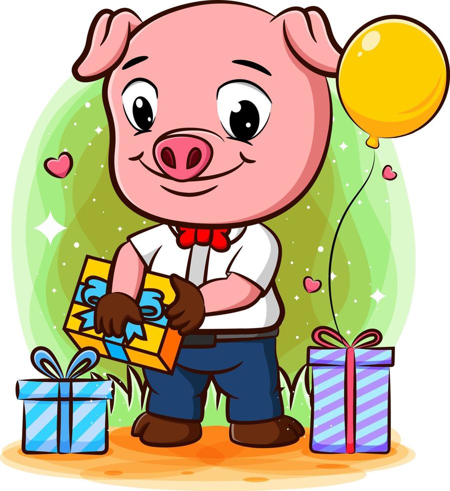 Successful pig  businessman celebrates success with many gifts vector