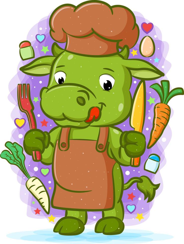 The chef cow holding the eating tools with vegetables vector